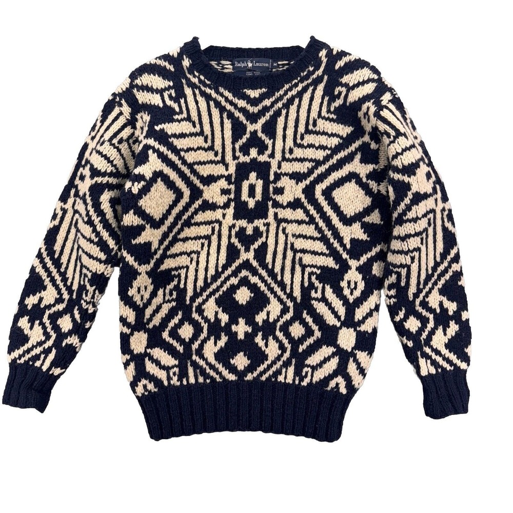 Ralph Lauren Navy and Cream Geometric Wool Crewneck Sweater - Picture 2 of 9